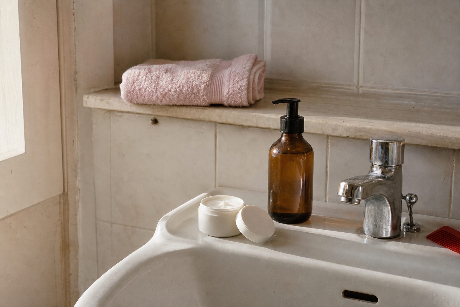 Immagine illustrativa: lavabo di casa con un detergente e una crema senza marchio accanto a un asciugamano rosa.